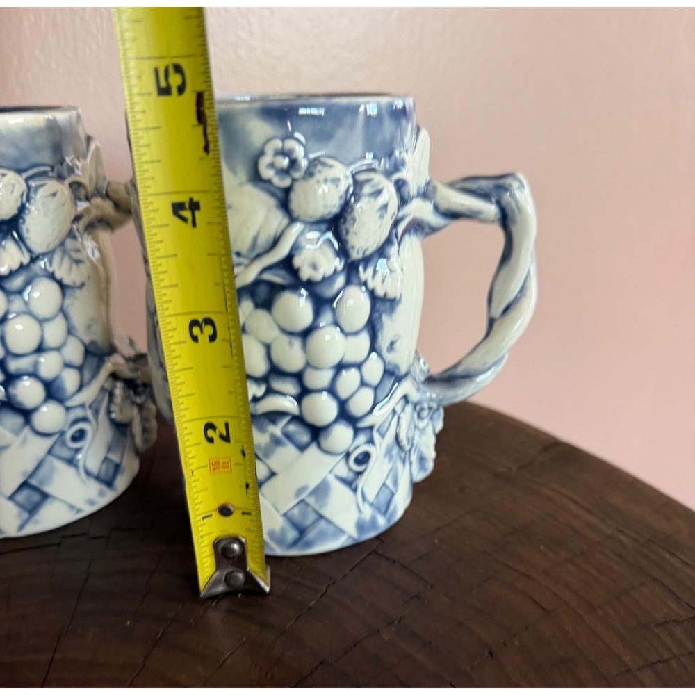 Vintage Blue White Embossed Fruit Basketweave Ceramic Mugs Set of 4 Cottagecore - Picture 4 of 6